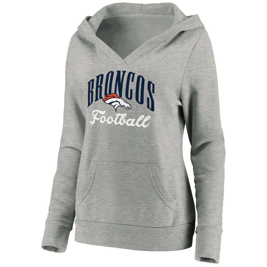 Women Denver Broncos Fanatics Branded Heathered Gray Victory Script V-Neck Pullover Hoodie